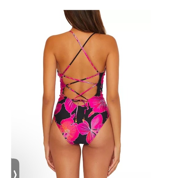 Trina Turk fleury pink black hibiscus flower one piece swimsuit size 14 new - Picture 3 of 14